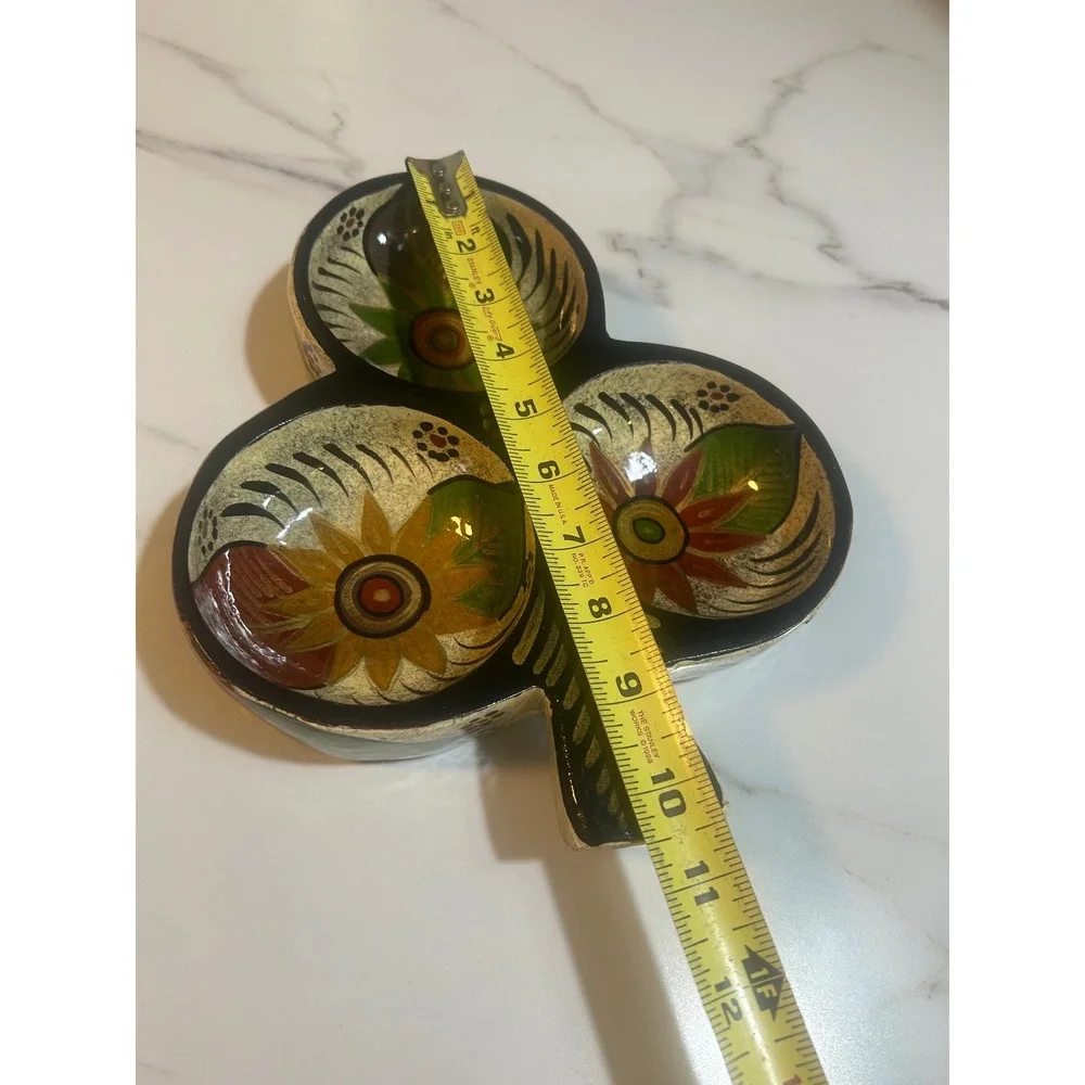 Vintage Hand Painted Wooden Clover Divided Tray Floral Folk Art Serving Dish